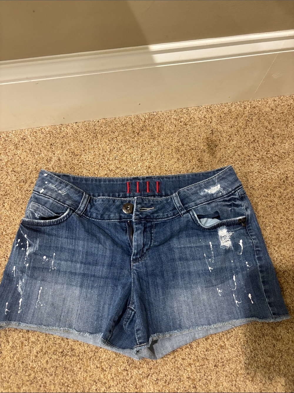 Elle Blue Distressed Denim Shorts with White Paint Accents